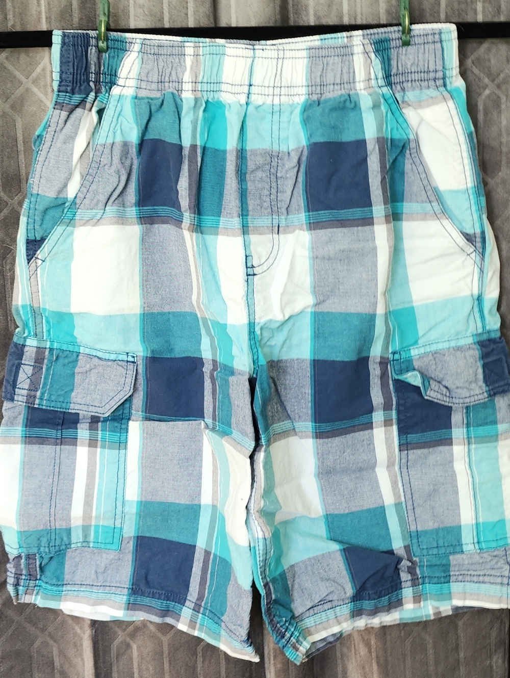 Boy's Plaid Cargo Shorts - Aqua Blue